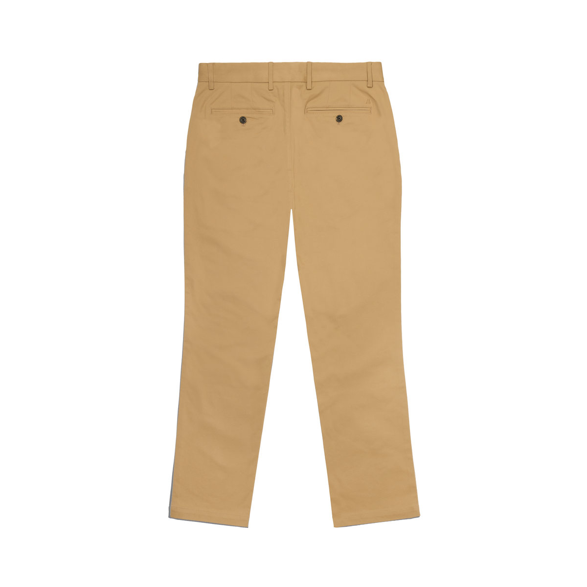 A pair of tan chino pants shown from the back, featuring two buttoned welt pockets, a belt loop, and a button closure, displayed on a solid white background.