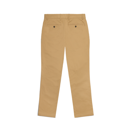 A pair of tan chino pants shown from the back, featuring two buttoned welt pockets, a belt loop, and a button closure, displayed on a solid white background.