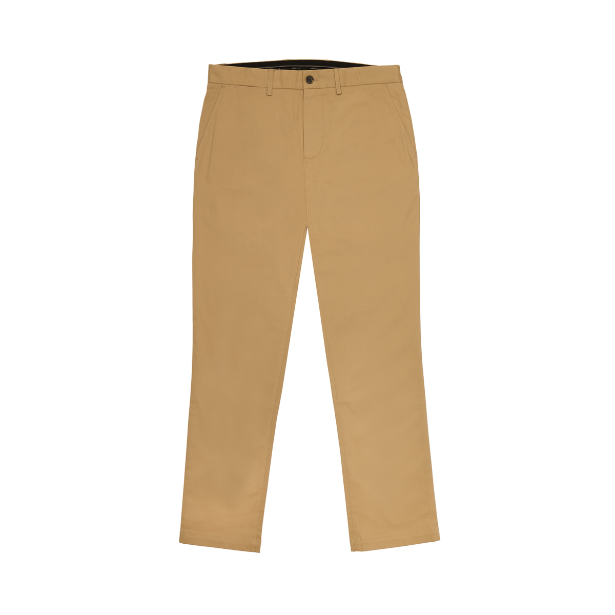 A pair of men's slim-fit chino pants in a warm tan or khaki color, shown flat against a solid white background.